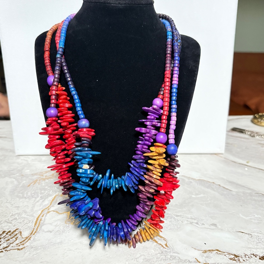 Vintage Colorful Beaded Necklace with Red, Blue, and Purple Accents